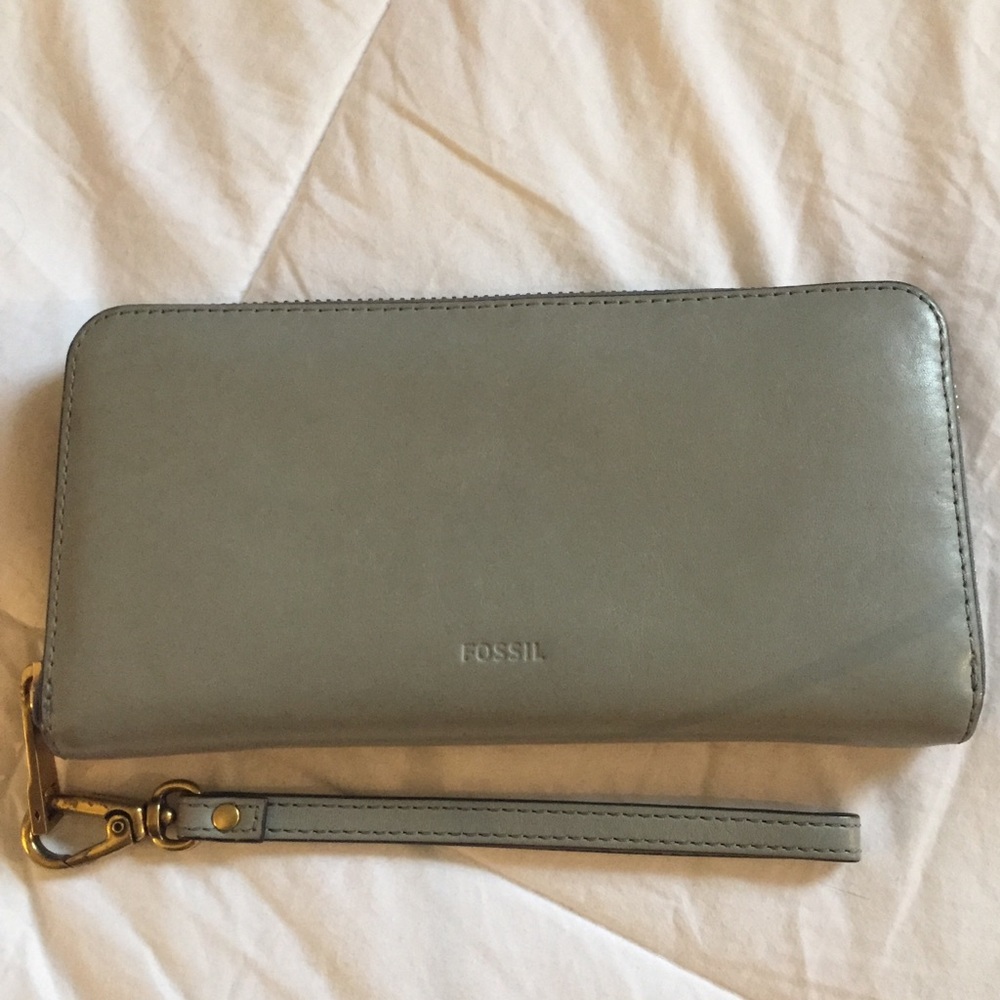 Grey blue Leather Fossil Emma Wristlet Wallet